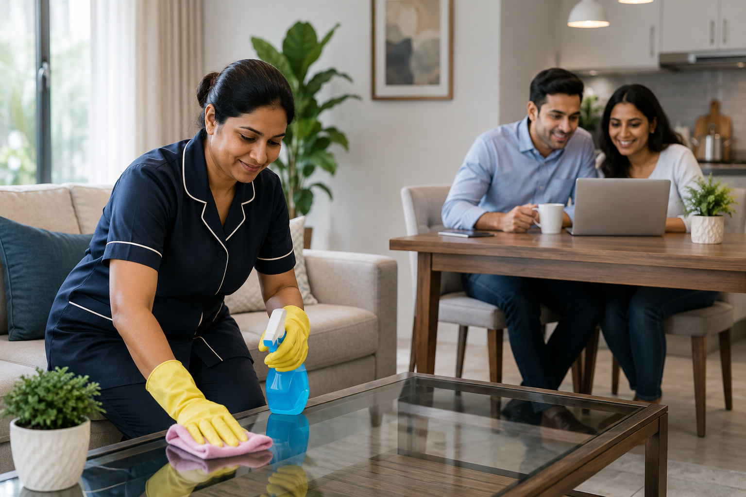 Working couple relaxing while maid manages home in Mumbai